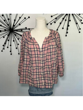 Gap pink plaid blouse boho peasant top lightweight long sleeve cottagecore
